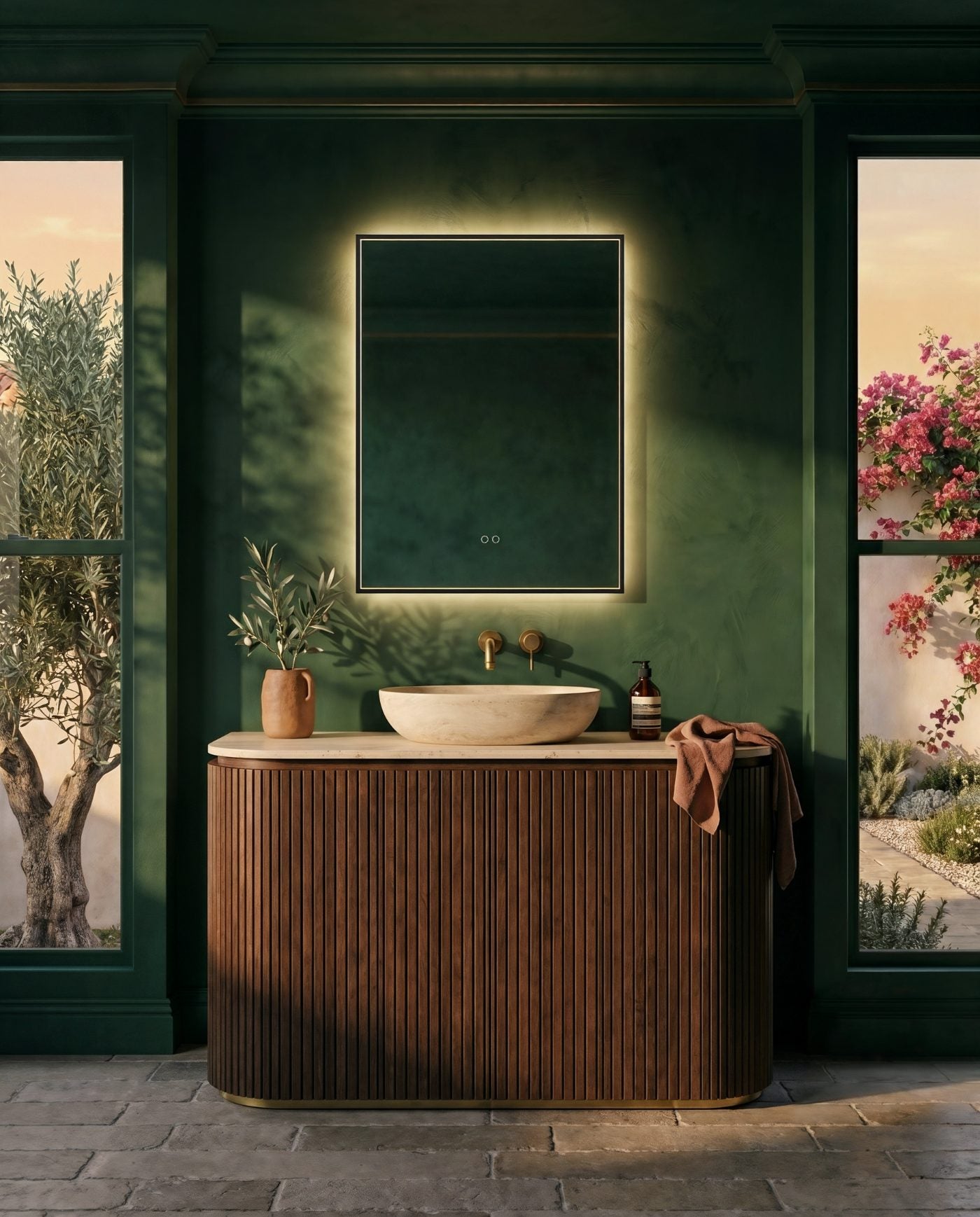 Origins Living illuminated mirror in an emerald green bathroom