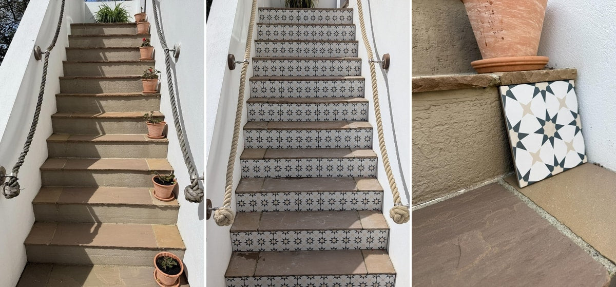 Before-and-after Cornwall staircase project with patterned decorative riser tiles