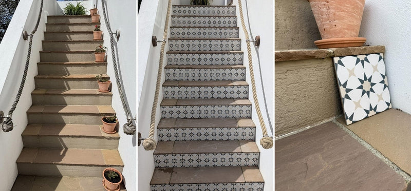 Before-and-after Cornwall staircase project with patterned decorative riser tiles