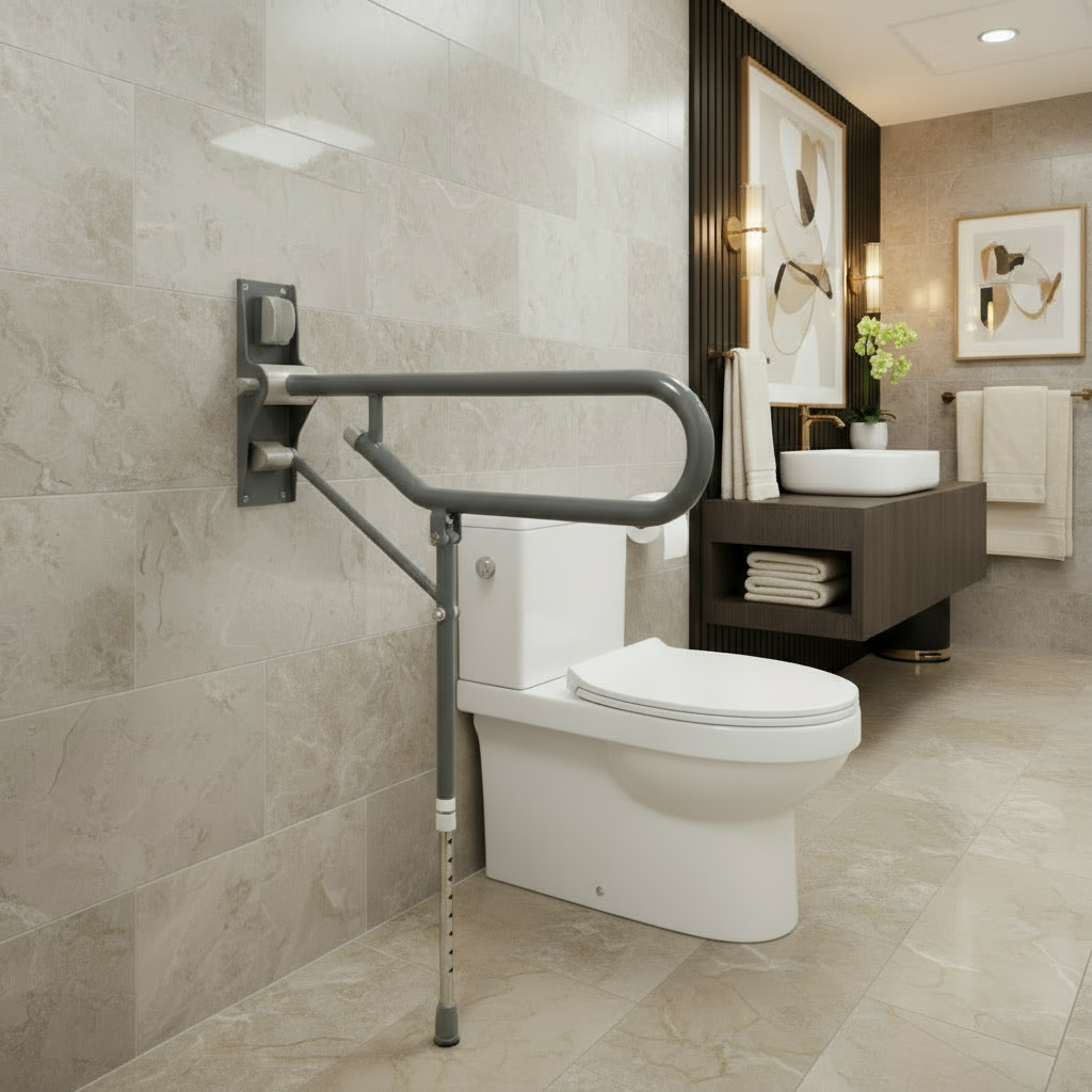 Fold Up Toilet Support Grab Rail adjustable leg Mid Grey