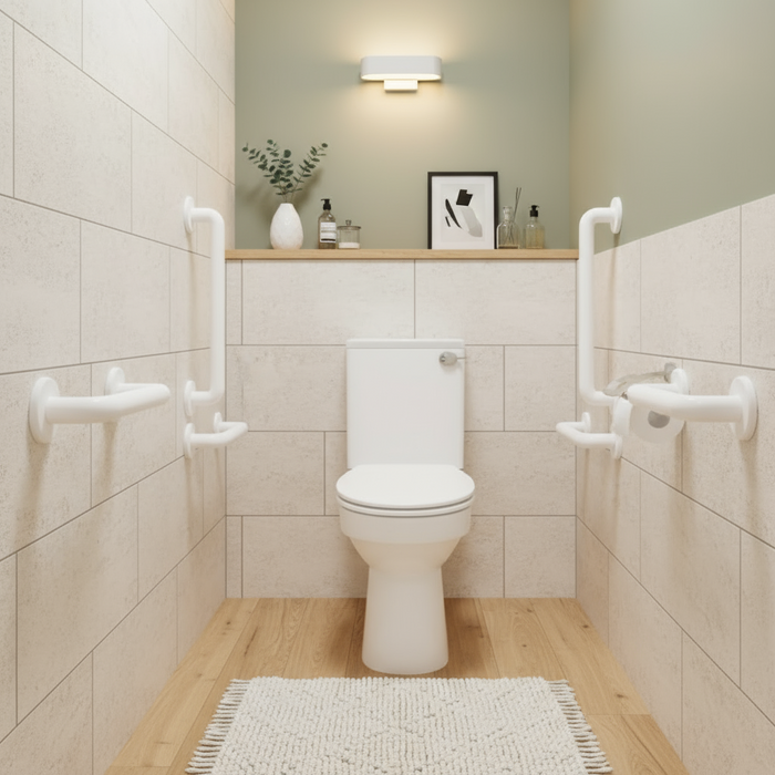 Toilet in a public restroom with blue隔间 walls and white fixtures.