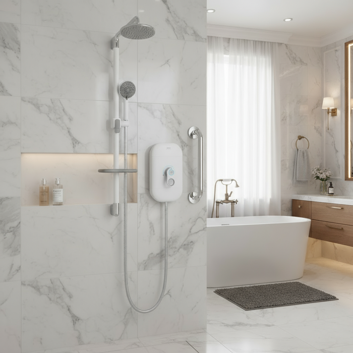 Shower system with handheld shower head, control panel, and hose on a white background