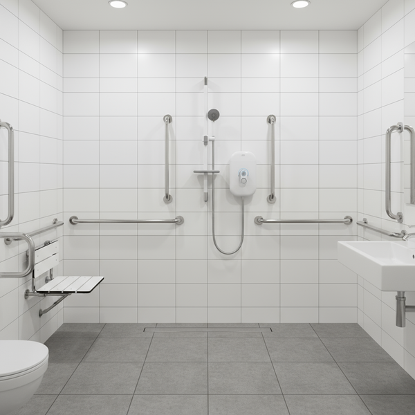 Shower system with handheld shower head, control panel, and hose on a white background