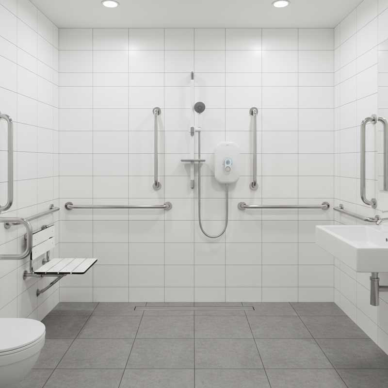 Shower system with handheld shower head, control panel, and hose on a white background