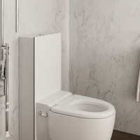 Modern bathroom with a toilet, sink, and towel.