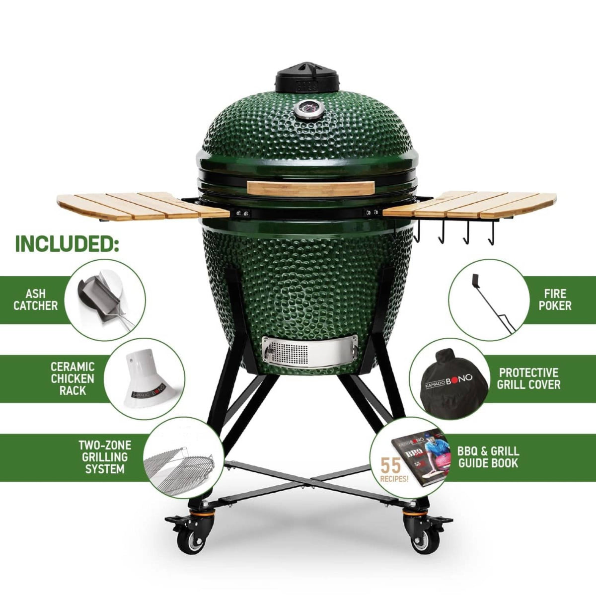 Green ceramic grill with included accessories on a white background