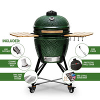 Green ceramic grill with included accessories on a white background