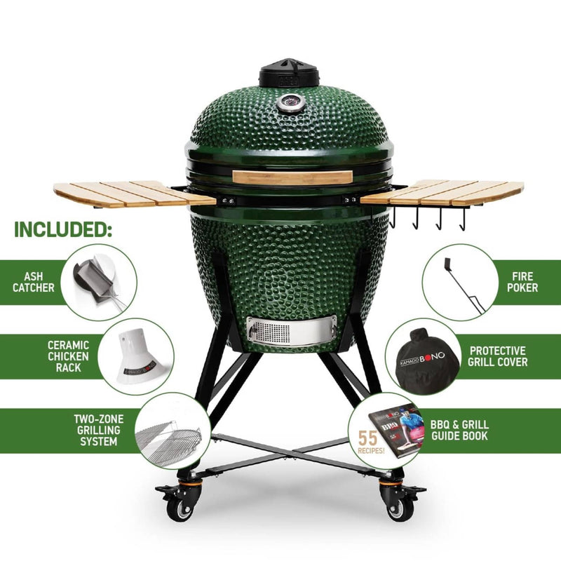Green ceramic grill with included accessories on a white background