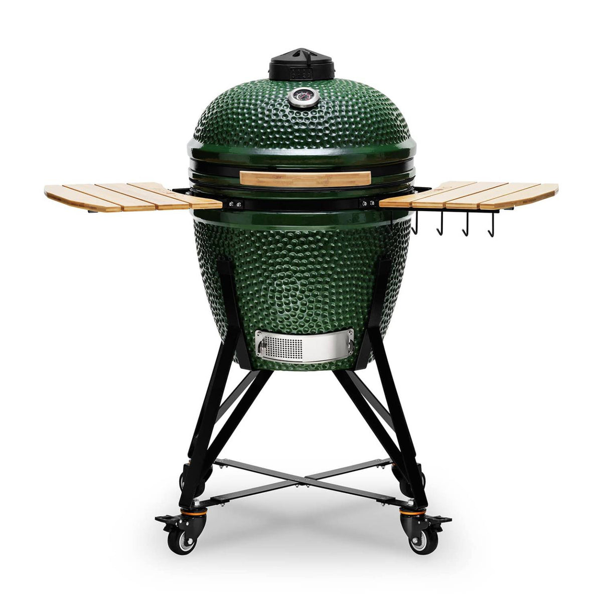 Green ceramic grill with wooden shelves on a white background