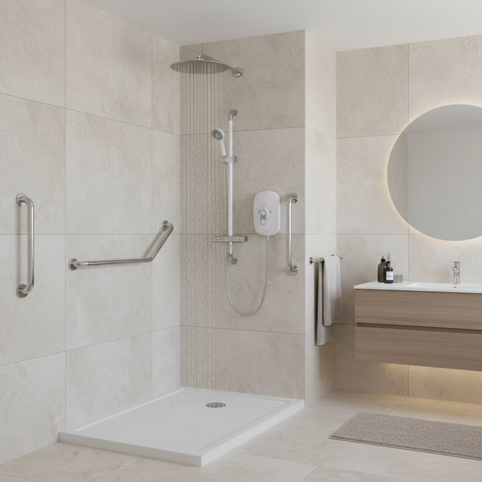 White handheld shower with control panel on a white background
