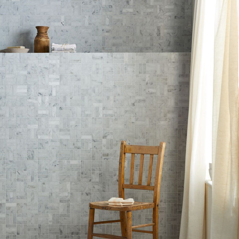Carrara, White, Jenga Mosaic, £145.00/M2 Decorative Tiles Decorative Tiles Sale Porcelain Decorative Tiles Fired Earth