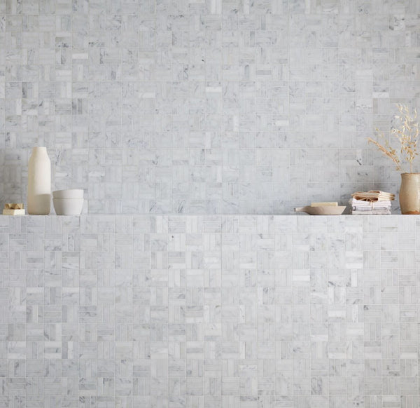 Carrara, White Stacked Mosaic, £145.00/M2 Decorative Tiles Decorative Tiles Sale Porcelain Decorative Tiles Fired Earth