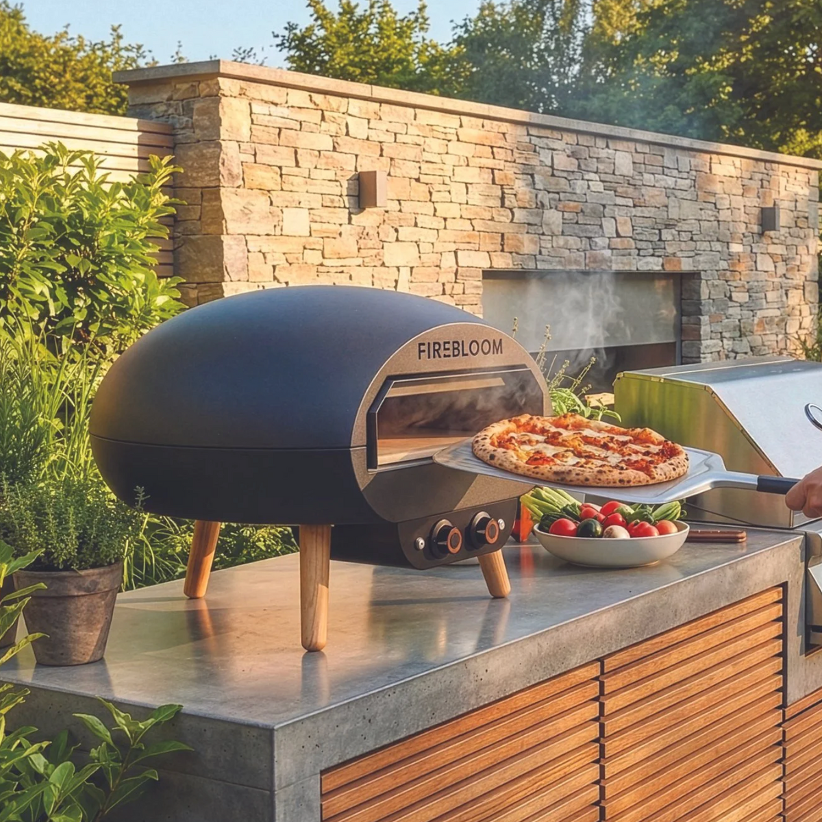Man preparing pizza on an outdoor oven in a garden setting