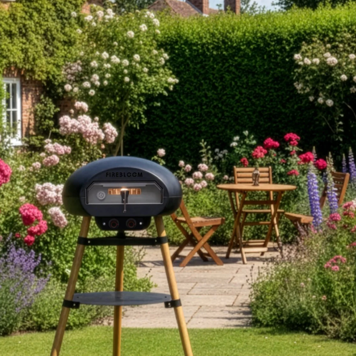 Garden setting with outdoor furniture and a grill on a stand.