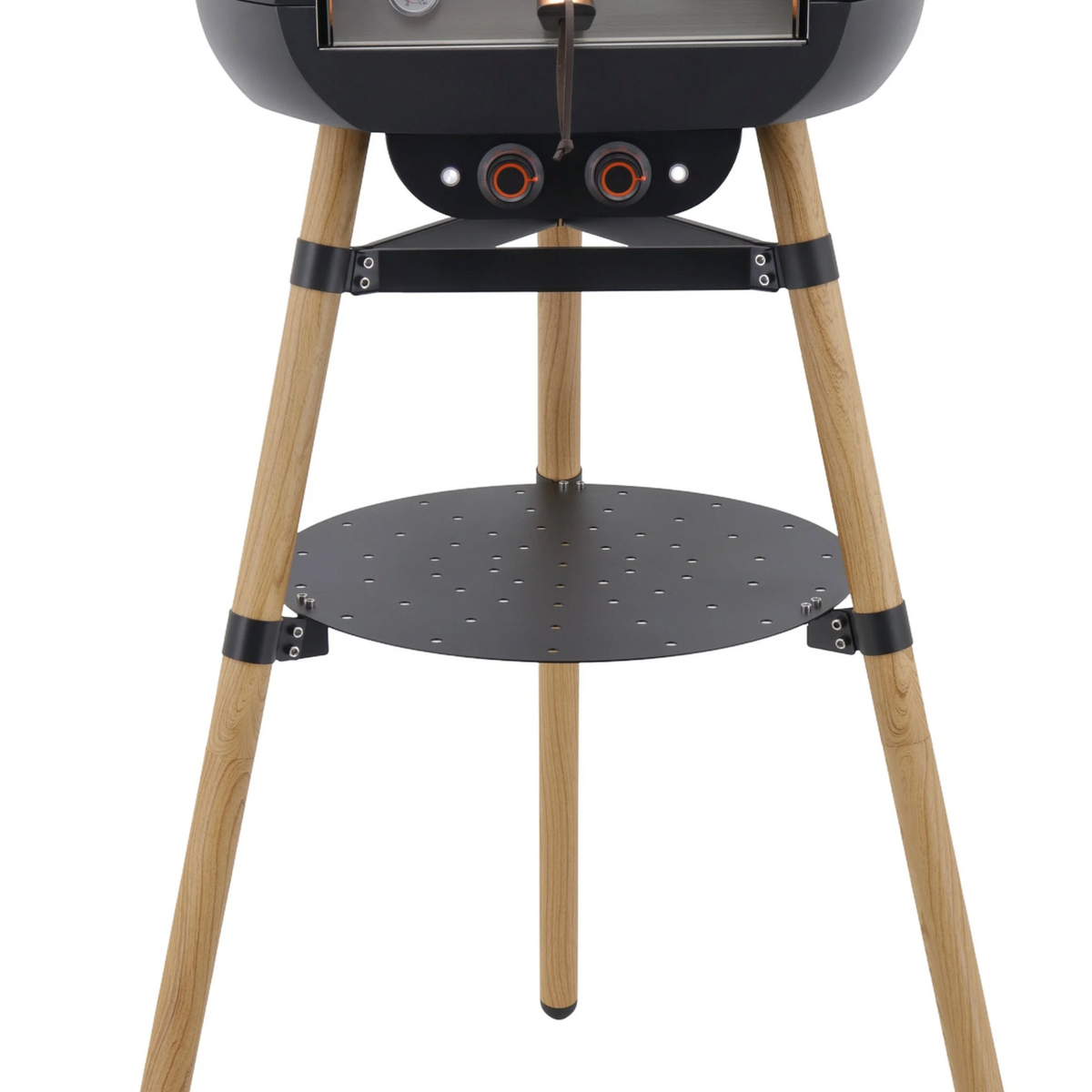 Black outdoor grill with wooden legs on a white background