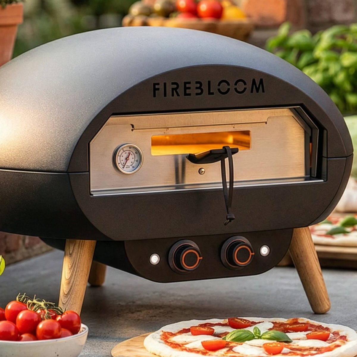 Portable outdoor pizza oven with 'Fireloom' branding on a patio with ingredients and a pizza.