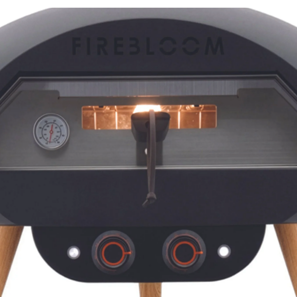 Firebloom stove with wooden legs on a white background