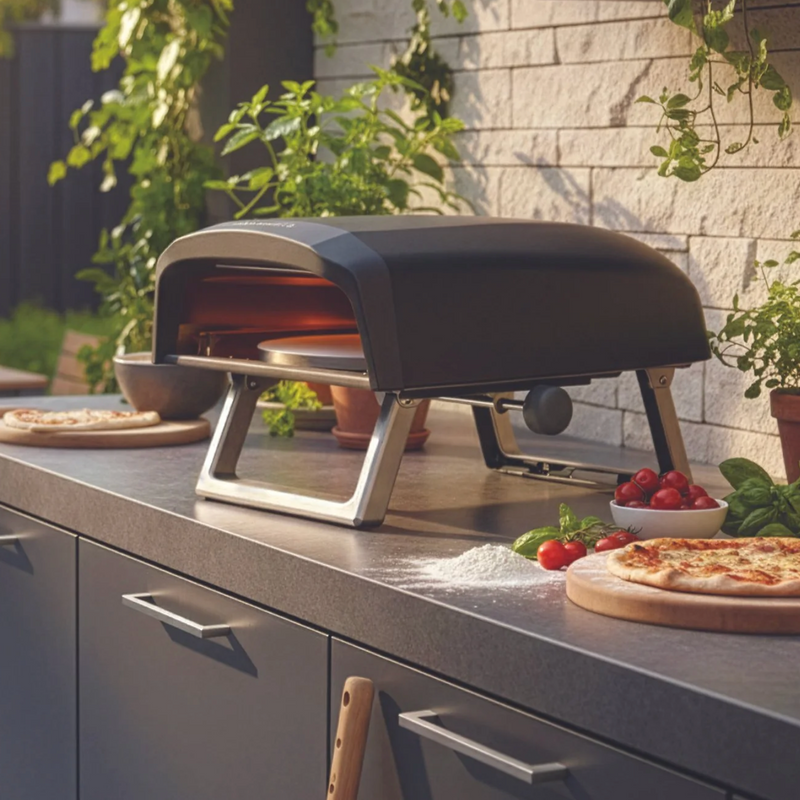 Outdoor kitchen scene with a portable pizza oven, people dining at a table, and various kitchen items.