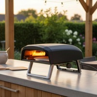 Outdoor pizza oven on a patio with garden view