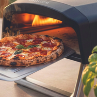 Outdoor pizza oven with a pizza being taken out, surrounded by greenery.