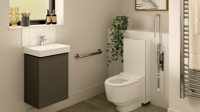 Modern bathroom with toilet, sink, and decorative elements.