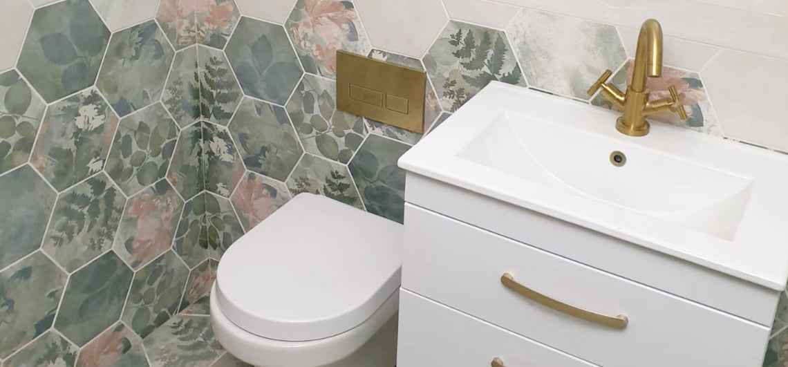 Woodland Glade Melange Green Hexagonal Tiles Installed in Truro Bathroom