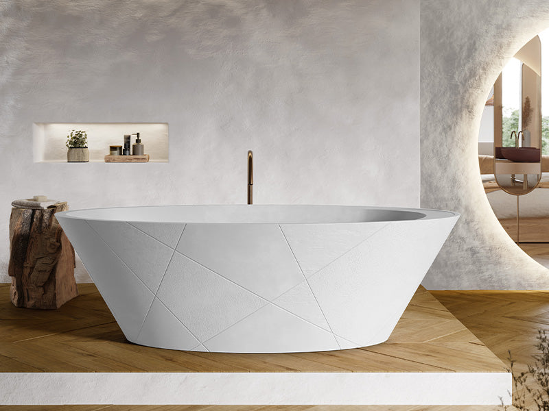 Acquabella Opal Quiz freestanding bath in a calm neutral bathroom